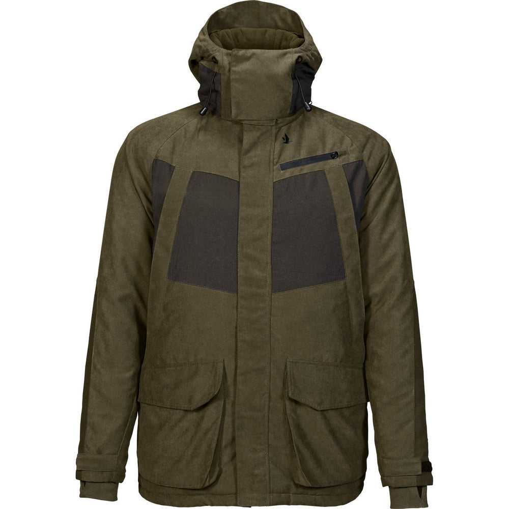 Seeland Taiga jacket in olive with dark brown panels, front view showing the hood, front zip and chest and lower pockets