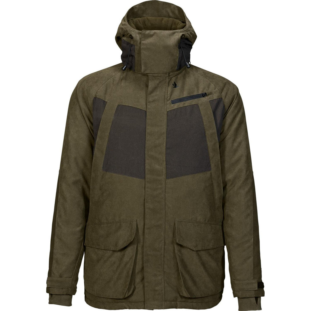 Seeland Taiga jacket in olive with dark brown panels, front view showing the hood, front zip and chest and lower pockets