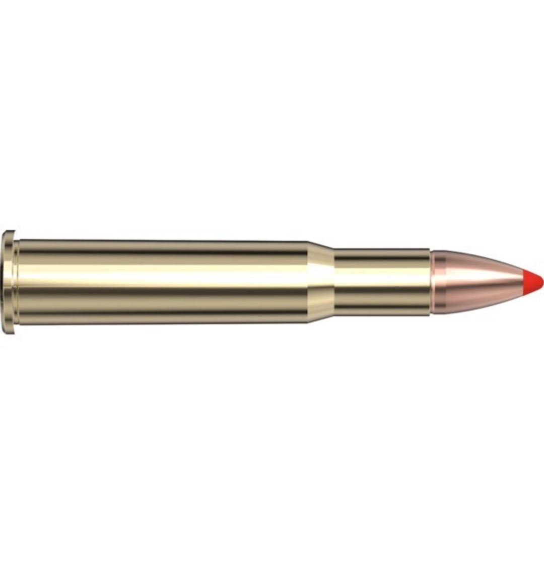 Hornady .30-30 Win 140gr MonoFlex cartridge, side-profile render of the rimmed brass case with a copper bullet and soft red flexible tip