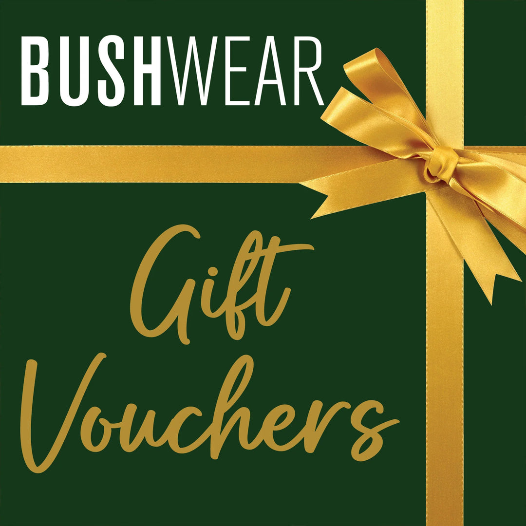 BushWear Gift Vouchers card in dark green with a gold ribbon and bow