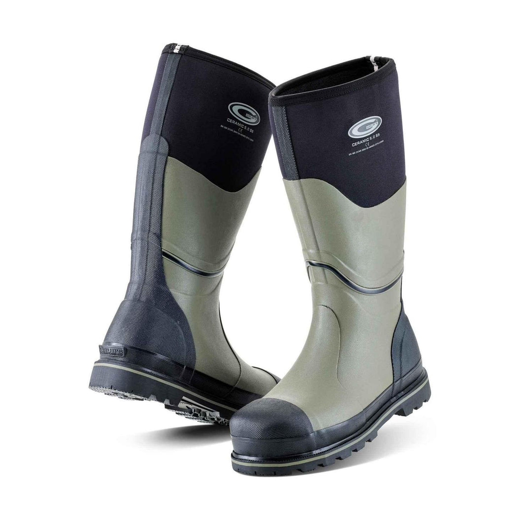 Grubs Ceramic 5.0 S5 non-metallic safety wellington boots in olive green and black with black toe cap, pair three-quarter view