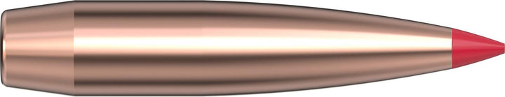 Hornady 25 Cal .257 95gr ELD-VT bullet lying horizontally on white, slim copper boat-tail body with a red Heat Shield polymer tip