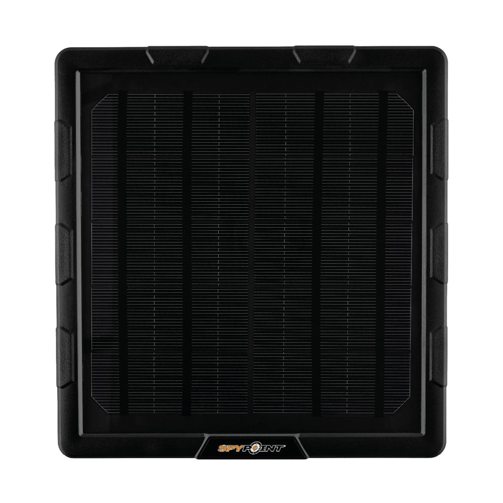 Spypoint SPLB-10 solar panel shown flat front-on, black cells behind a glossy face with the moulded protective frame