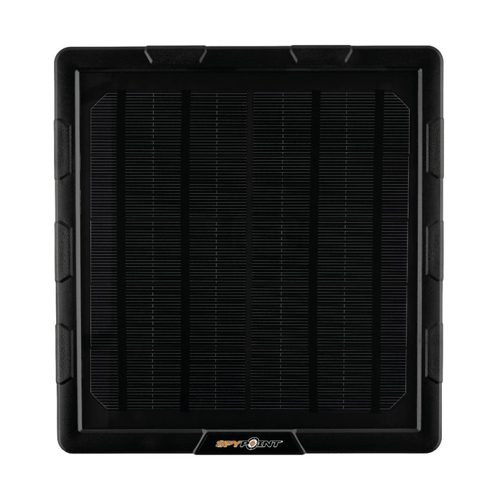Spypoint SPLB-10 solar panel shown flat front-on, black cells behind a glossy face with the moulded protective frame