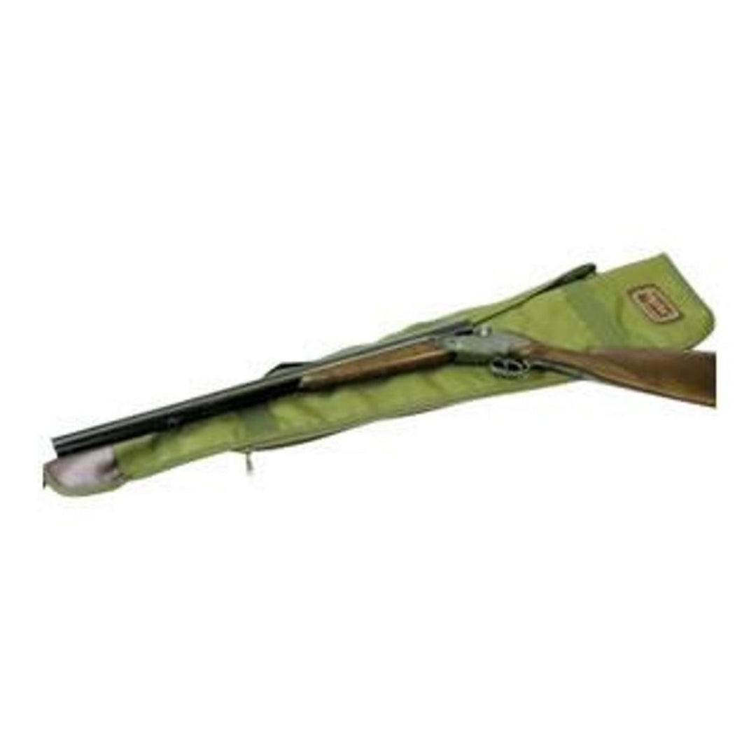 Napier toy shotgun slip in olive green canvas with a toy side-by-side shotgun partly slid out, shown on white