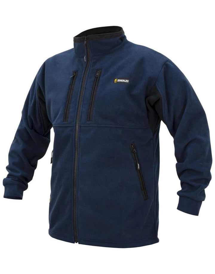 Swazi fleece jacket in navy, front view with a full-length zip, twin zipped chest pockets, a zipped side pocket and a stand collar.