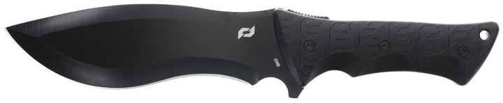 Schrade Little Ricky fixed blade knife shown alone side-on, blackened upswept blade pointing left with a textured black moulded handle