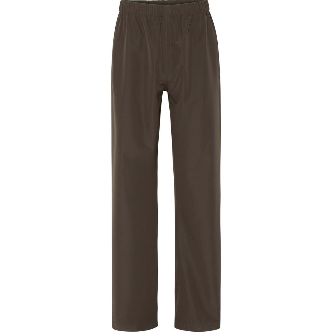 Taxus overtrousers flat lay front, dark olive-brown with elasticated waist and plain straight legs