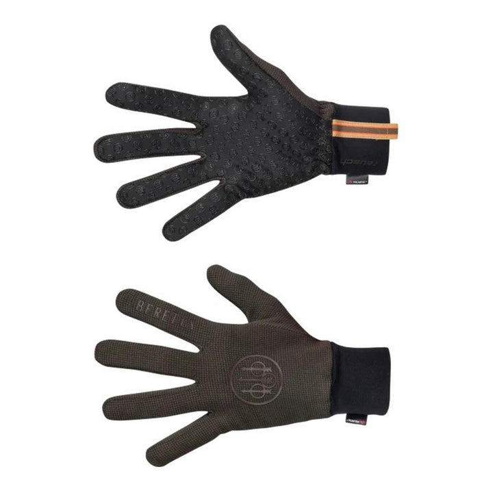 Pair of Beretta Hardface fleece gloves in Brown Bark, one turned palm-up to show the black silicone grip dots, the other palm-down with the embossed Beretta trident logo.
