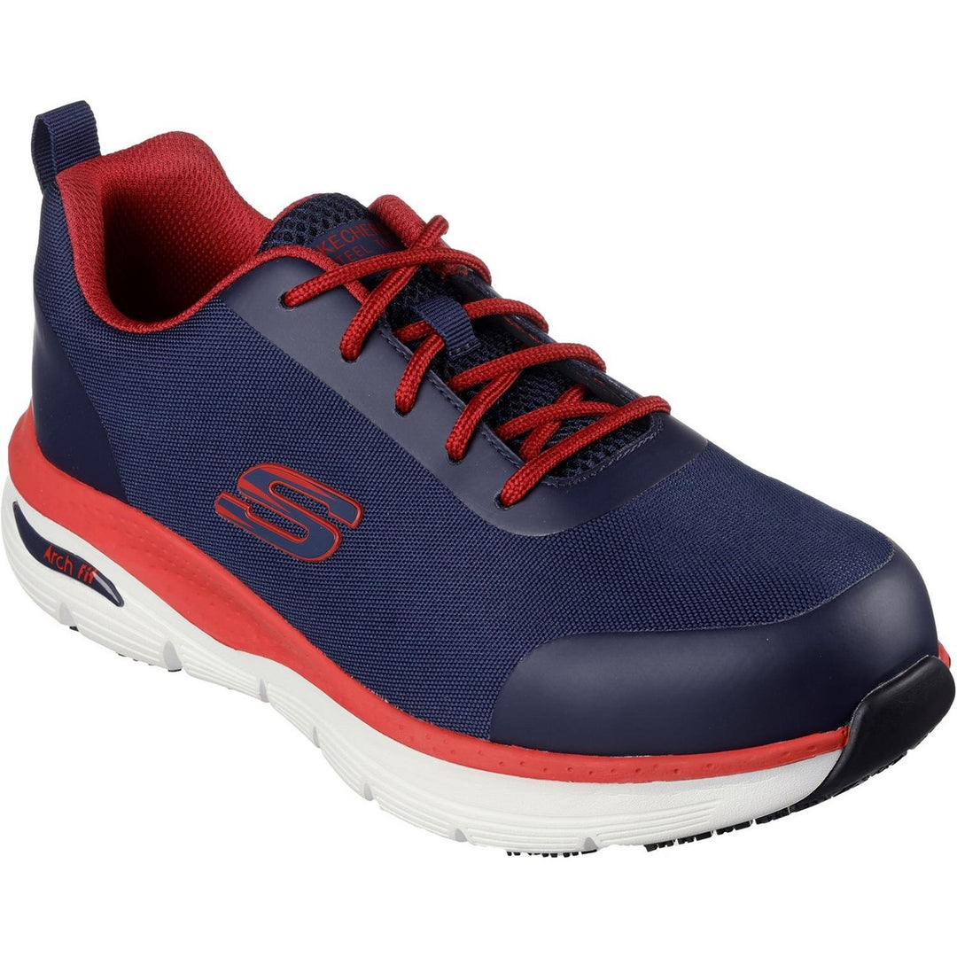 Skechers Workwear Arch Fit Sr Ringstap Safety Trainer Navy/Red - Podiatrist-designed shape developed with 20 years of data and 120,000 unweighted foot scans, Removable insole helps mould to your reduce shock increase weight dispersion