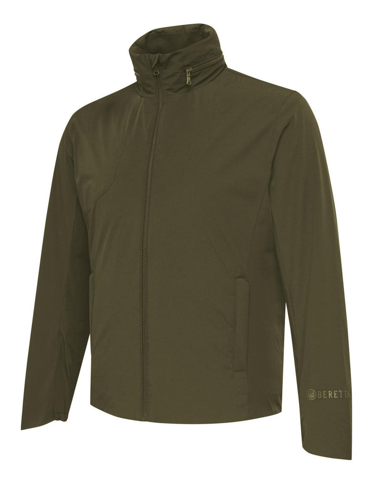 Beretta Pursuit 2 in 1 Jacket outer shell in olive green worn without the hood, front three-quarter view
