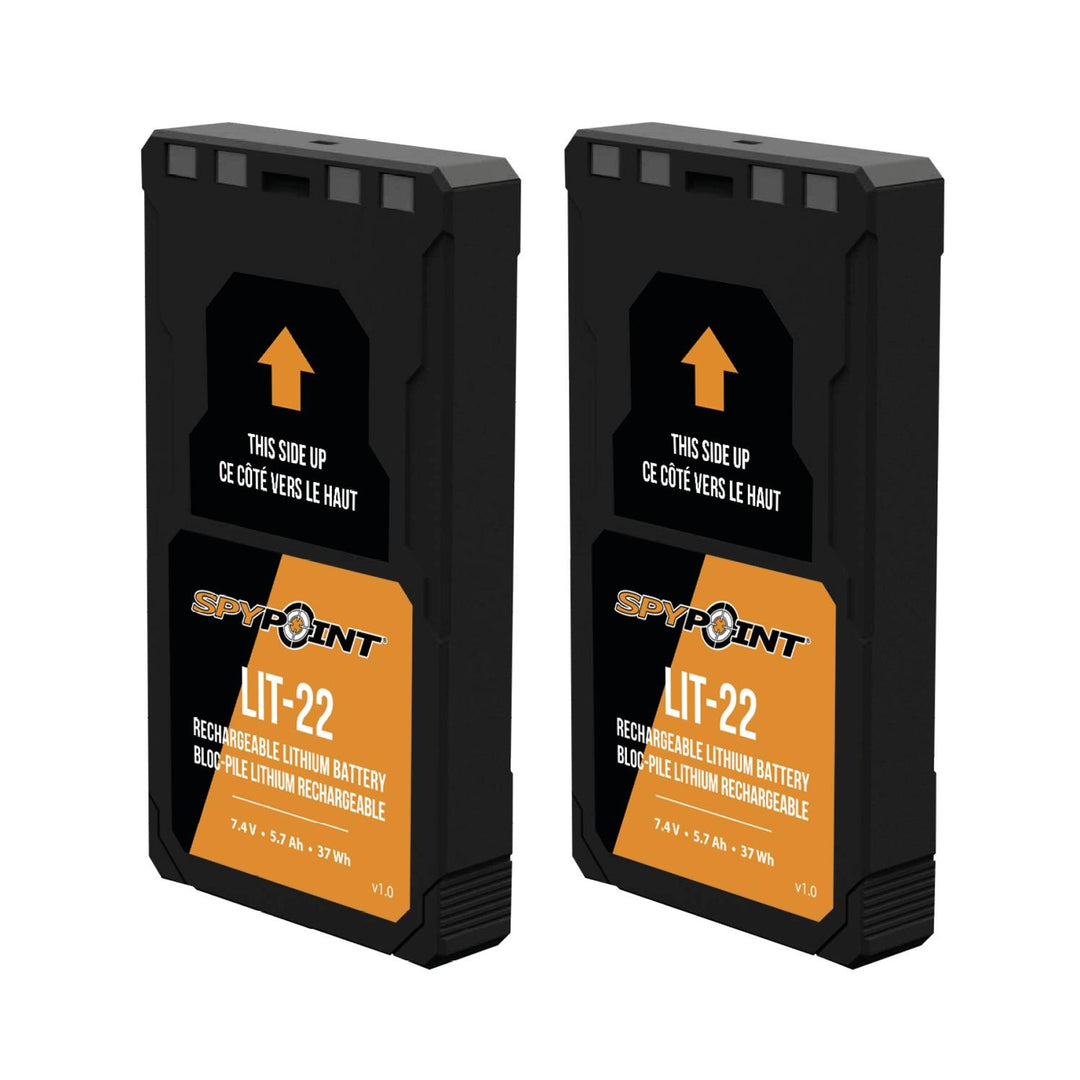 Spypoint LIT-22 rechargeable lithium battery twin pack, two black battery blocks side by side with orange SpyPoint labels reading 7.4V 5.7Ah 37Wh