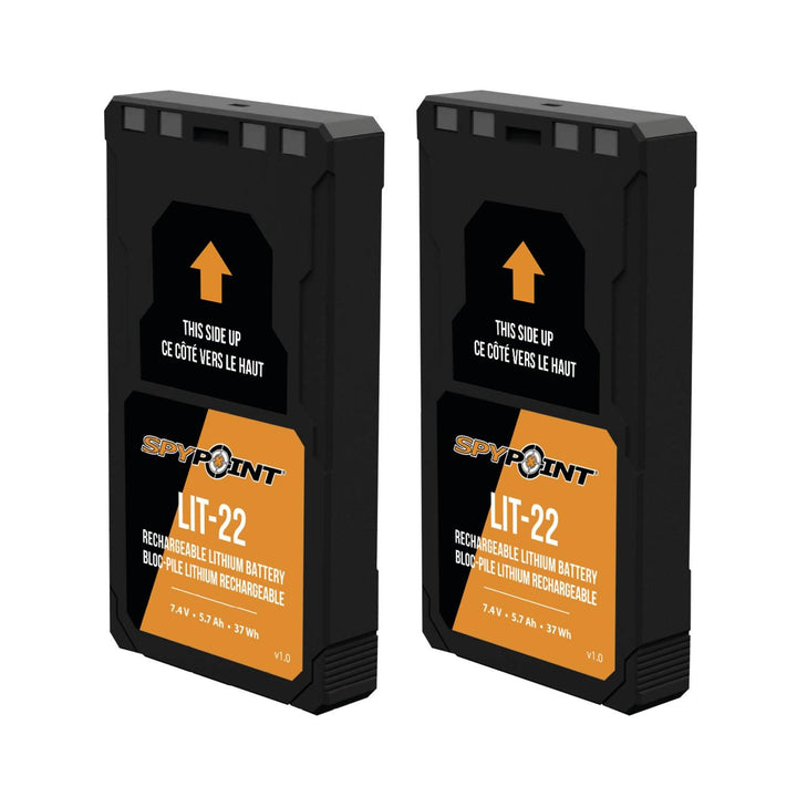 Spypoint LIT-22 rechargeable lithium battery twin pack, two black battery blocks side by side with orange SpyPoint labels reading 7.4V 5.7Ah 37Wh