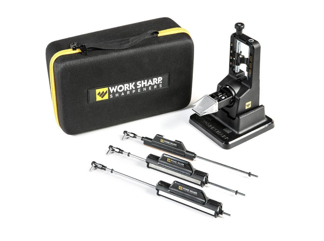Work Sharp Precision Adjust Elite knife sharpener kit with black and yellow carry case, angle guide base and three sharpening rods