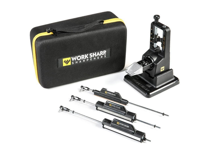 Work Sharp Precision Adjust Elite knife sharpener kit with black and yellow carry case, angle guide base and three sharpening rods
