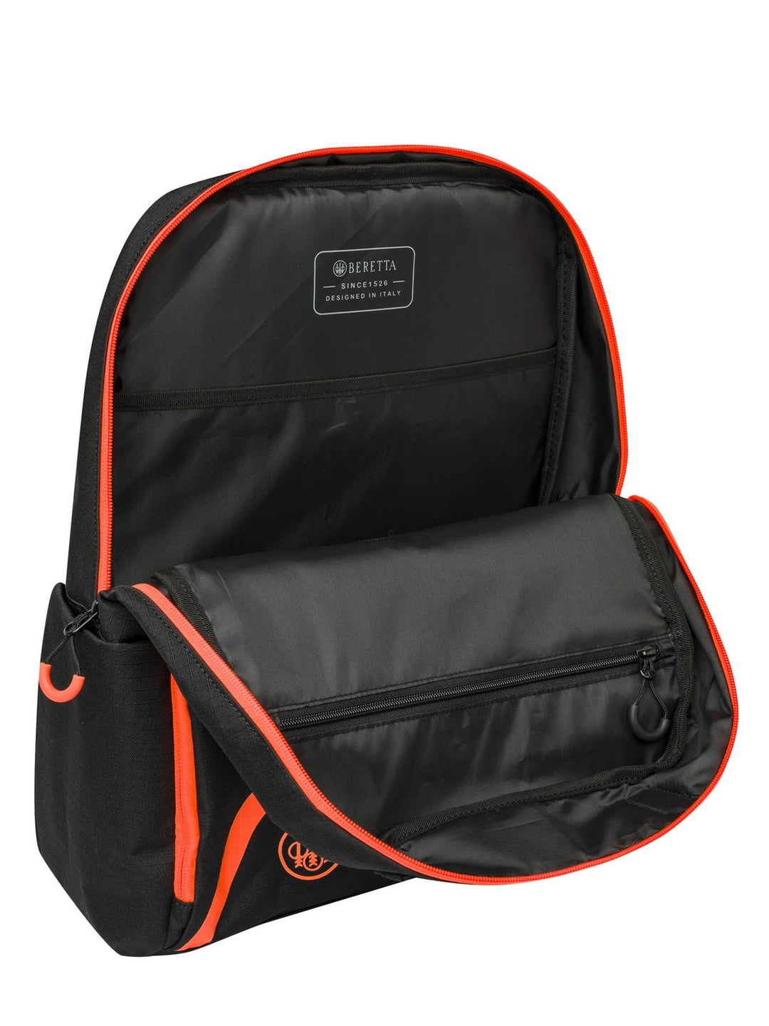 Front organiser compartment of the black Beretta Challenge Backpack folded open, showing the grey lined interior and stitched Beretta label.