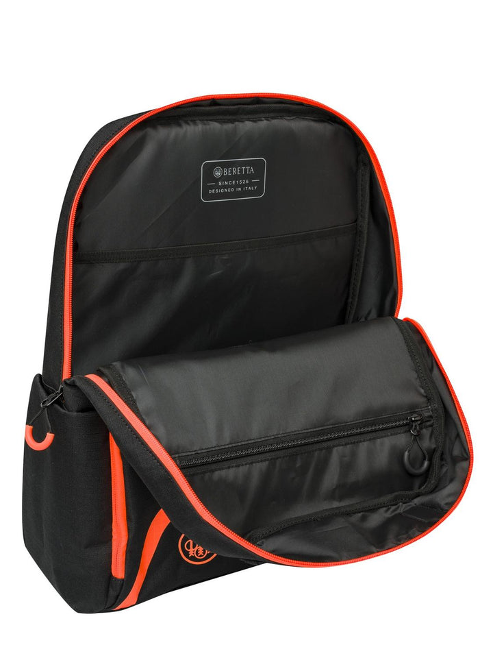 Front organiser compartment of the black Beretta Challenge Backpack folded open, showing the grey lined interior and stitched Beretta label.
