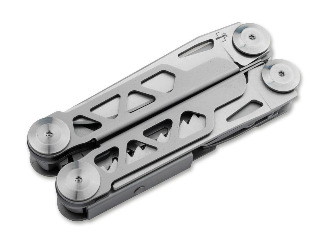 Böker Plus Specialist Pro multitool folded closed, showing the stainless steel handle with cut-out mountain pattern