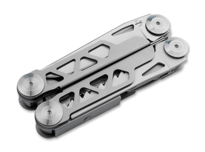 Böker Plus Specialist Pro multitool folded closed, showing the stainless steel handle with cut-out mountain pattern
