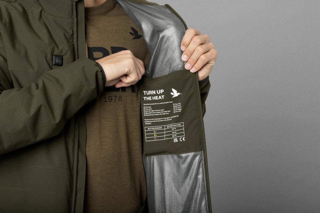 Man holding the jacket open to show the silver-lined interior and the printed TURN UP THE HEAT panel with a button-colour to temperature table listing 38, 46 and 53 degrees C.