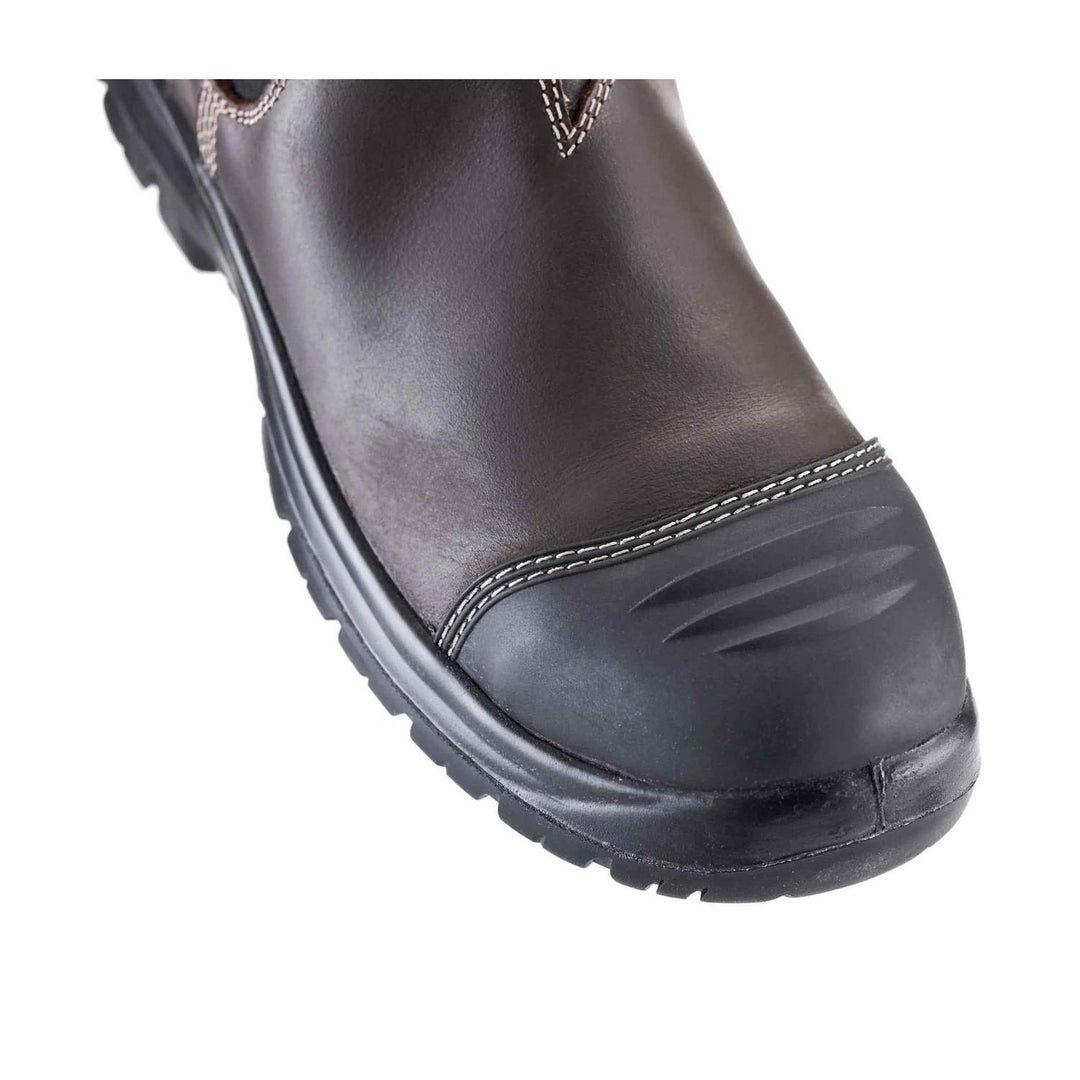 Close-up of the black protective toe cap and stitched dark brown leather of the Grubs Tornado S3 SRC safety dealer boot