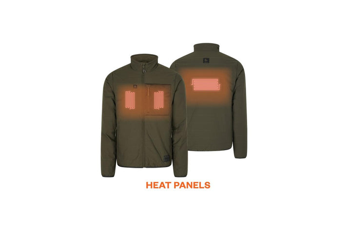 Heat-panel graphic: the olive jacket front and back with the heating elements glowing orange on the chest and upper back, captioned HEAT PANELS.