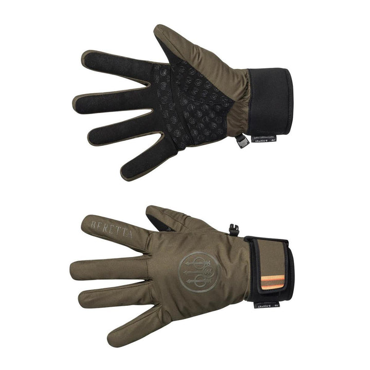 Pair of Beretta waterproof gloves in green moss: upper glove palm-up showing the black silicone grip print, lower glove back-up with the embossed Beretta trident and hook-and-loop wrist strap.
