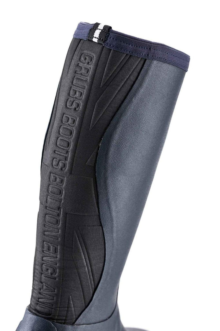 Navy Grubs Rainline 2.0 wellington boot, rear three-quarter view of the shaft with embossed Grubs Boots lettering