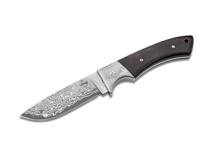 Böker Plus M-One Damascus fixed blade hunting knife with dark wood handle, Damascus blade and bolster, side view