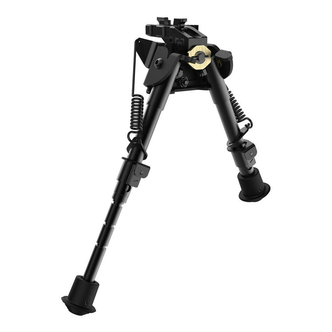 Caldwell XLA M-LOK pivot bipod, 6-9 inch, front-on with both legs deployed showing the return springs, notched legs and brass pivot tension knob