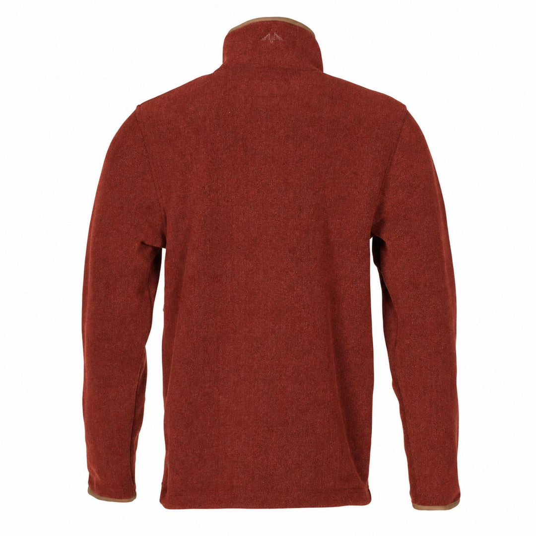 Rear view of the rust red fleece, plain back with the embroidered flying-bird motif just below the tan-trimmed collar.
