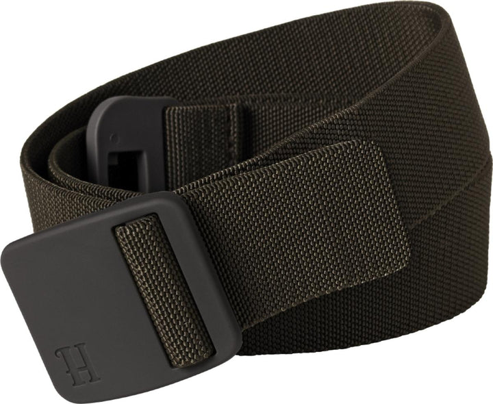 Harkila Tech belt in olive elastic webbing, coiled to show the moulded dark buckle and the woven keeper loop, three-quarter view on white.