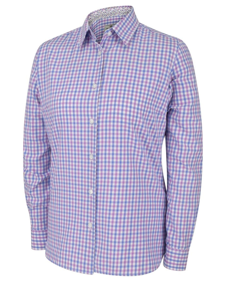 Hoggs of Fife Becky II ladies cotton shirt in pink and blue check, front view on an invisible mannequin with the floral-trimmed inner collar just visible.