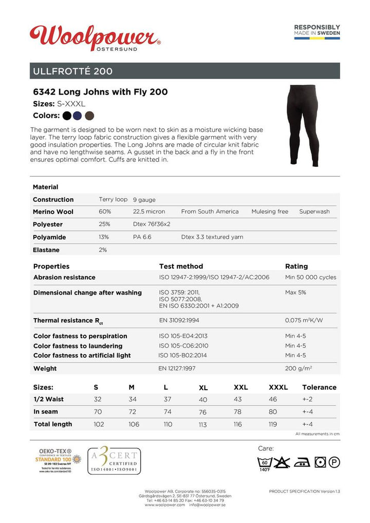 Woolpower Long Johns with Fly 200