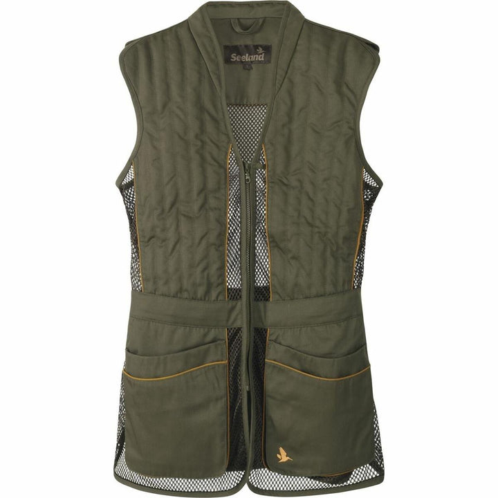 Seeland Skeet II shooting waistcoat in olive green, front view with quilted shoulder panel, tan piping, mesh side vents, full-length zip and twin lower pockets