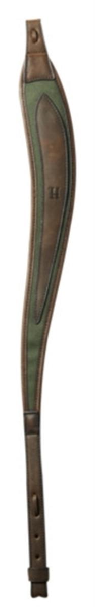 Harkila rifle sling hung vertically against white: olive green canvas webbing with dark brown leather ends and adjuster, tapering to a narrow shoulder section.