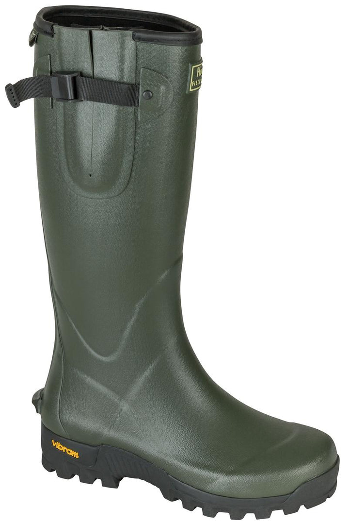 Hoggs of Fife Field Sport 365 green rubber wellington boot, single boot side view with a top buckle strap and lugged sole