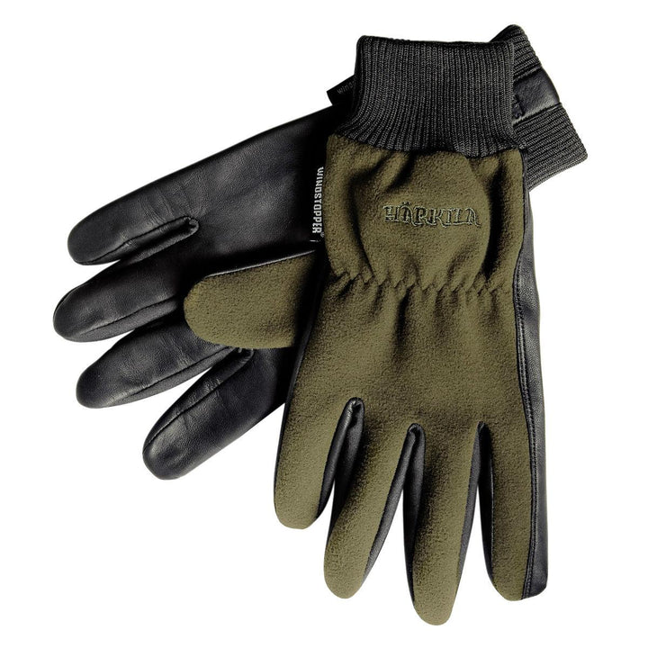 Pair of Harkila Pro Shooter gloves, olive green fleece backs with black leather palms and fingers and ribbed knitted cuffs, shown overlapping on white.