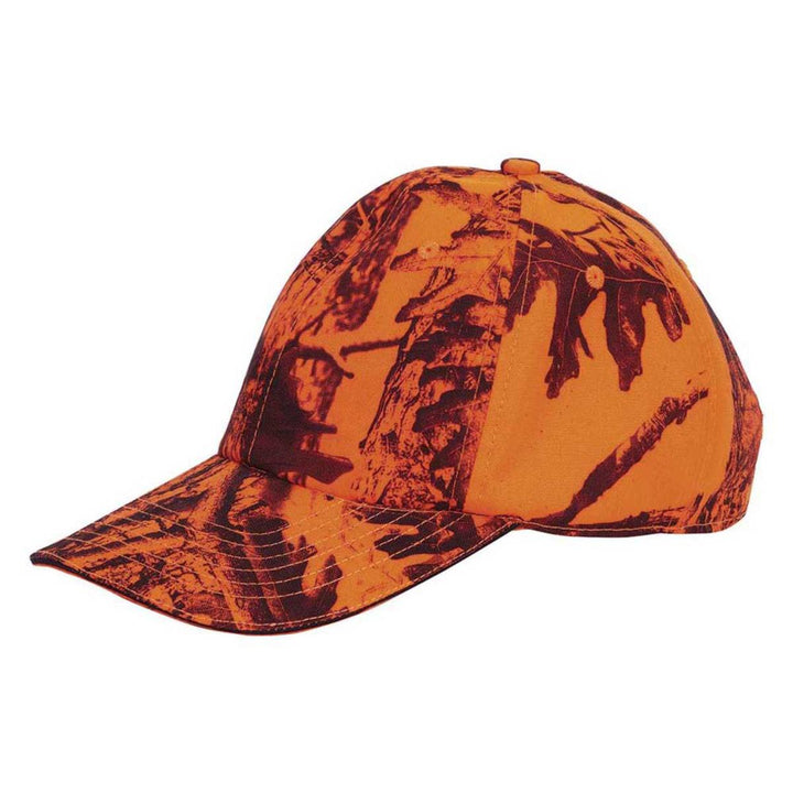 Seeland Avail Camo cap in InVis orange blaze camouflage, soft six-panel cap, side profile product shot on a plain background.