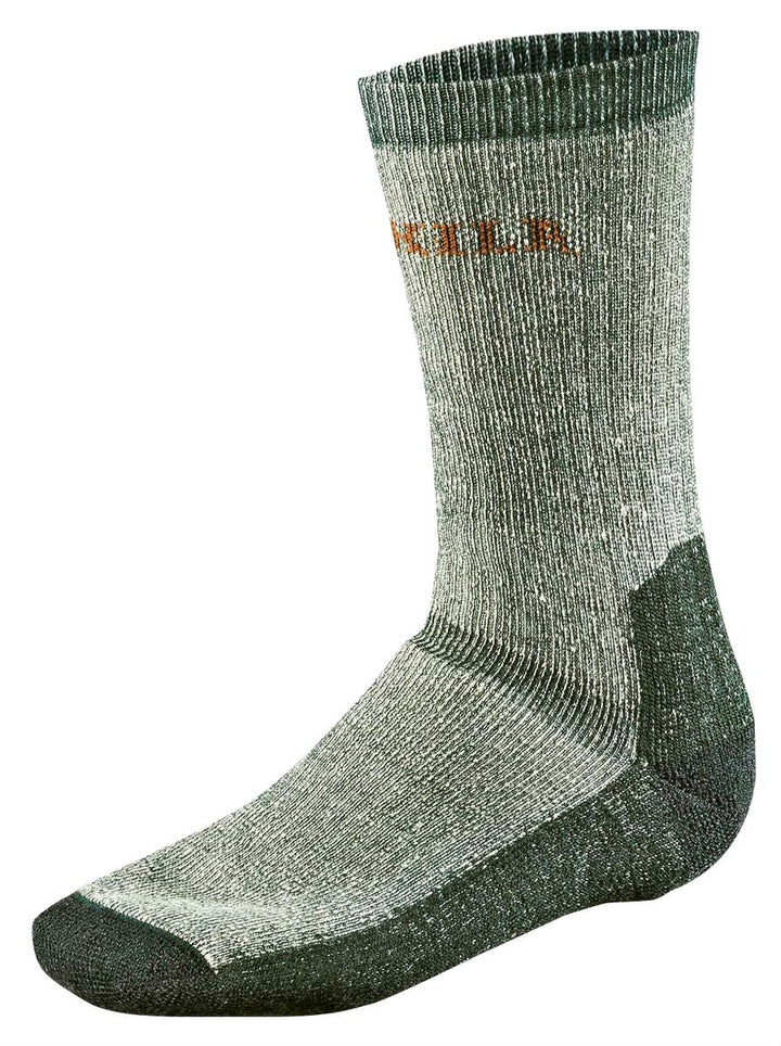 Harkila Expedition sock in grey-green marl thick knit, single sock shown side-on with a ribbed cuff