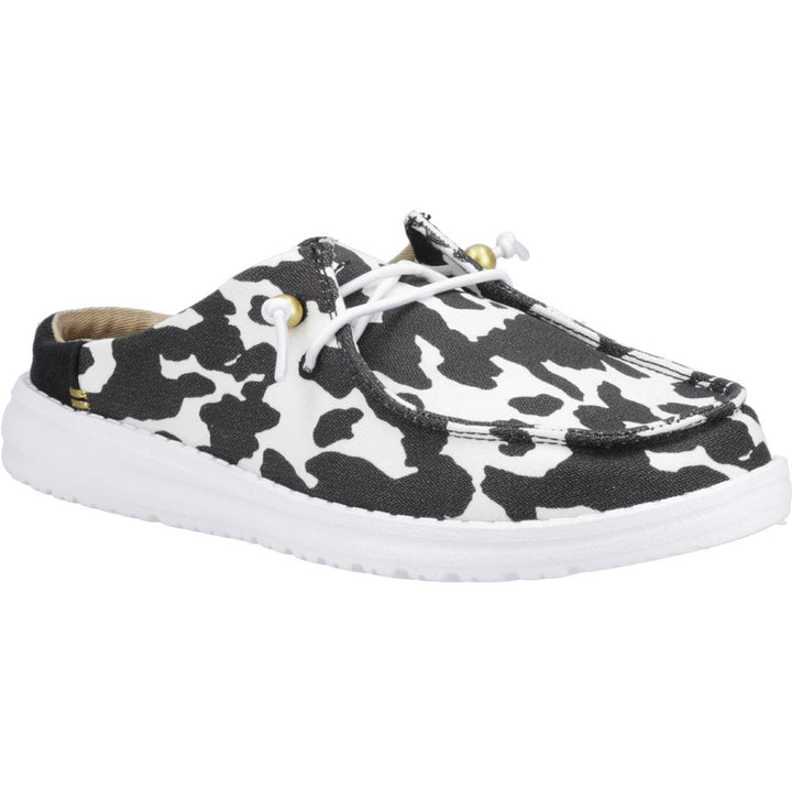 HEYDUDE Wendy Slip Classic Mule White/Black Cow Print