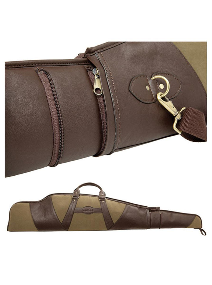 Harkila Adjustable Gun Slip in brown leather and khaki canvas: close-up of the zip and brass swivel clip above a full view of the closed slip with carry handle