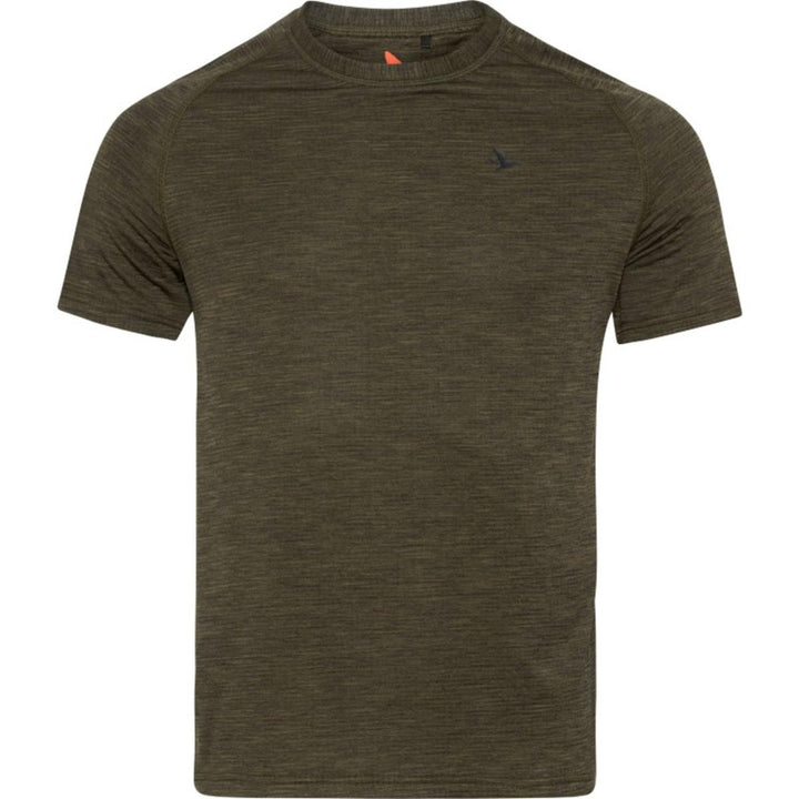 Seeland Active short-sleeved t-shirt in olive melange, front view with crew neck and small Seeland pintail logo on the chest