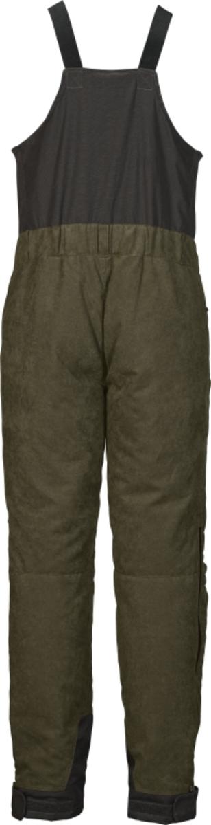 Seeland Taiga bib-and-brace trousers in Grizzly green with black braces and bib, front view