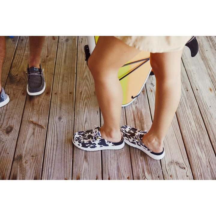 HEYDUDE Wendy Slip Classic Mule White/Black Cow Print