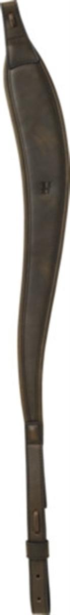 Harkila leather rifle sling in dark brown, laid flat vertically in a tall narrow low-resolution crop, tapering to a punched adjustment tail.